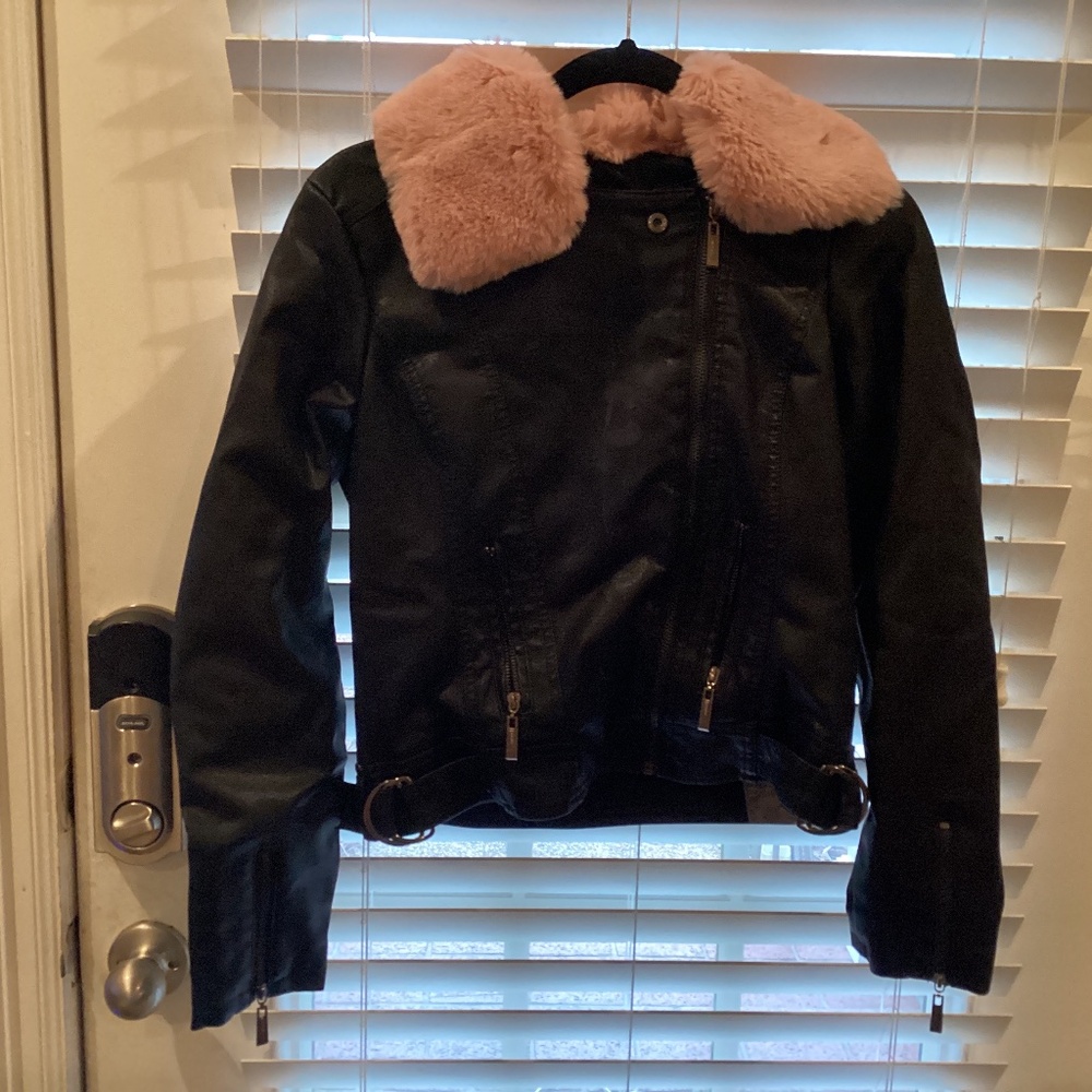 Leather w/ pink fur coat